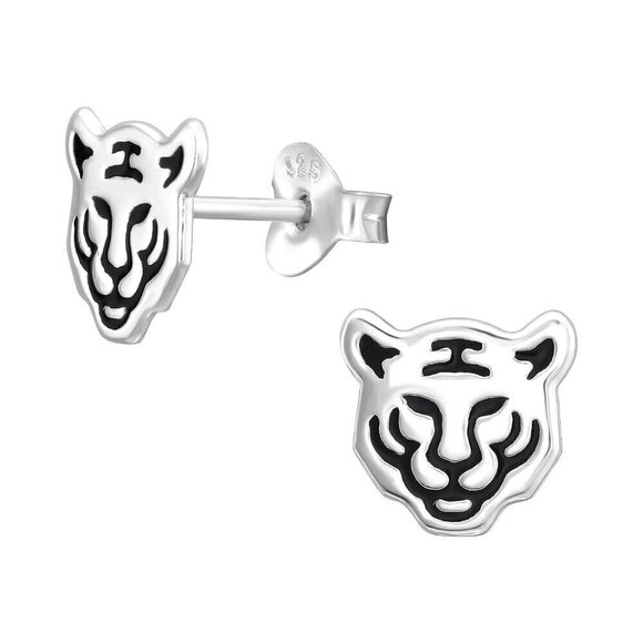 Sterling Silver Tiger Stud Earrings - Picture 1 of 11